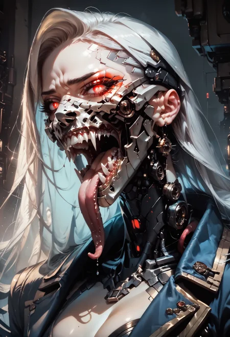 score_9, score_8_up, score_7_up, embedding:zPDXL, 1girl, solo, vampire, open mouth, red eyes, jacket, teeth, eyelashes, makeup, mask, closeup, white long hair, sharp teeth, slit pupils, portrait, steampunk, cleavage, mouth mask, cyborg, cyberpunk, mechanical parts, portrait, glowing eyes, tongue out, long tongue, saliva <lora:Concept Art Twilight Style SDXL_LoRA_Pony Diffusion V6 XL:0.8> <lora:Expressive_H-000001:0.8> expressiveh, <lora:BioPunky:0.8> <lora:longtongue-ponyxl-v1>