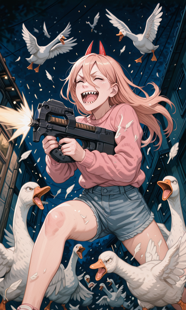 embedding:IllusP0s, goose ambush, 6+ geese, power_\(chainsaw man\), p90, firing submachine gun, bullpup, laughing, sharp teeth, chiaroscuro lighting, red horns, pink sweater, jean shorts, outdoors, night, dynamic pose, low angle,<lora:goose ambush_illustrious.safetensors:1.0:1.0> <lora:p90_ill.safetensors:1:1>