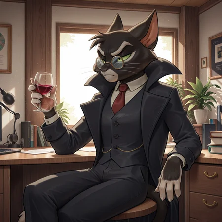 solo, anthro, male, male focus, mordecai heller, lackadaisy, glasses, black vest, black pants, black coat, lackadaisy, serious, office, desk, sitting, behind desk, wine glass, BREAK masterpiece, best quality, amazing quality, very aesthetic, high resolution, ultra-detailed, absurd res, newest, scenery, <lora:MordecaiIL:1>