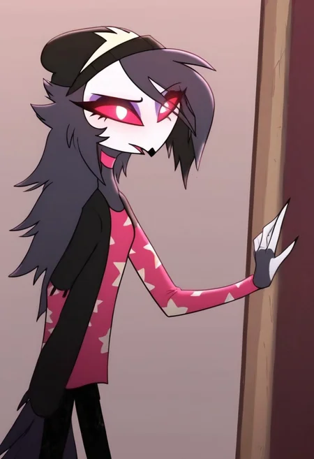 octavia, owl, 2D, black beanie, white skin, beak red sclera, simple background, perfect, masterpiece, 4K, high quality, white pupils, gray hair, female, 2d, cartoon, eyelashes, purple eyeshadow, pink collar, pink shirt, feather tail, yellow stars, black jacket, white claws, black palms, glowing eyes, looking at viewer, female, anthro, cartoon, standing, black pants, skinny, Expressiveh,