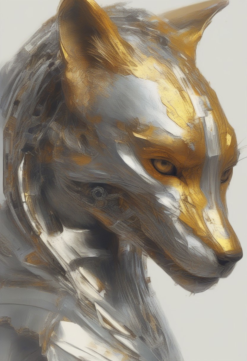 Roger Dean, silver, chrome, elegant, intricate, viewed from side, golden ratio, viewed from the side, metallic female anthro fox, mouth open, fierce expression, shining silver, medium breasts, clawed hand