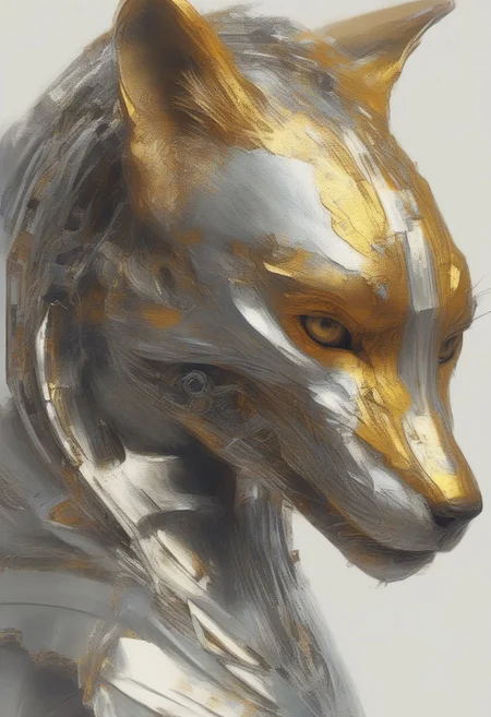 Roger Dean, silver, chrome, elegant, intricate, viewed from side, golden ratio, viewed from the side, metallic female anthro fox, mouth open, fierce expression, shining silver, medium breasts, clawed hand