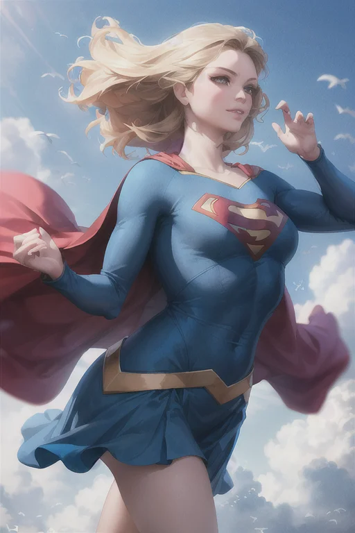 artgerm_lora, 1girl, supergirl_lora, masterpiece, detailed, flying, blue sky, <lora:supergirl_v2b:0.6>