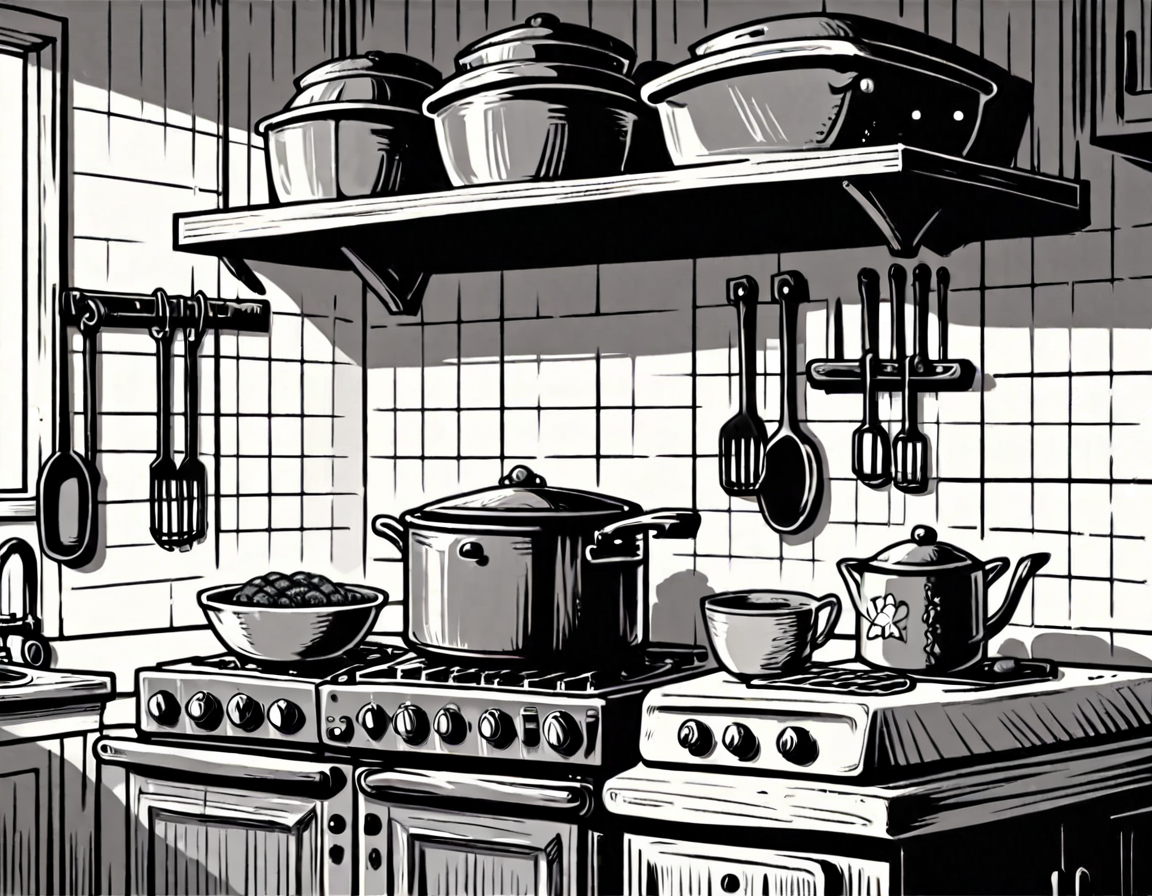 score_9, score_8_up, score_7_up,  <lora:Clean Sketch (J) style:1> monochrome, kitchen with a stove and counter tops with cupboards,