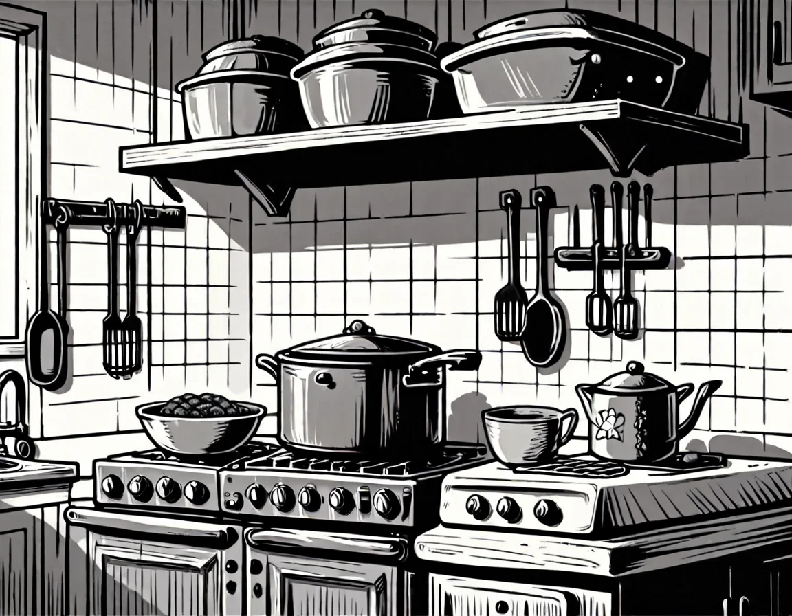 score_9, score_8_up, score_7_up, <lora:Clean Sketch (J) style:1> monochrome, kitchen with a stove and counter tops with cupboards,