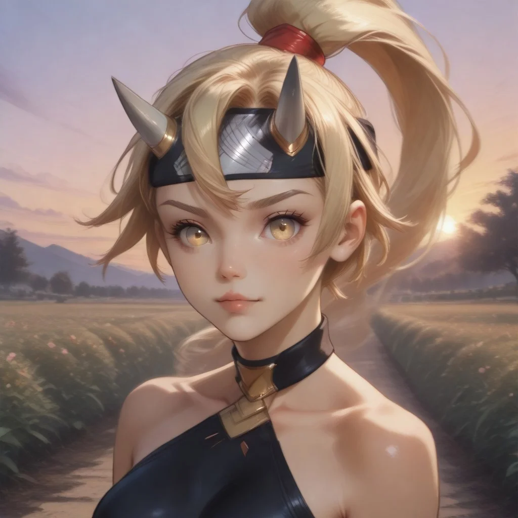 1girl, solo, close-up, Aoi, blonde hair, yellow eyes,defaultaoi, horns, headband, forehead protector, ponytail, bare shoulders, ninja, armor, ribbon on back,, BREAK, Masatsugu Saito, Garden, sunset, orange sky, purple sky