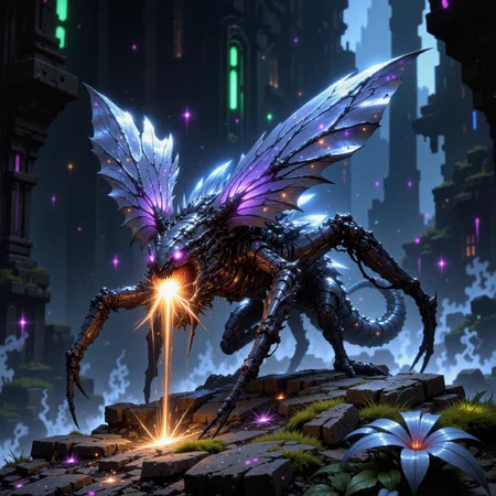 award-winning macro photo, short depth of field, hyper realistic, dim lighting, at night, bioluminescence, subsurface scattering, the diminutive "unkempt bognipfer" is a primordial beast, thriving among the sprawling vorbitclasp fields of the outer rim planet "xynort vii". these creatures are covered in downhippered spikes that collect the glowing macrospores drifting on the planets constant wrangly winds. their primary feature, however, is the pair of leathery wings they use for gliding leaps between the screwbled zanglevines. the creature's world is a tangle of vibrant, squidgefroned blooms and floating pollen clouds, creating a habitat of constant activity, highly detailed, intricate, detailed background, golden ratio, arsmjstyle, dnddarkestfantasy, in the style of ck-ovf, aidmafluxpro1.1,
amanoer, <lora:style-yoshitaka_amano-elden_ring-flux-by_alicient:0.56>
<lora:style-mythic_fantasy-v2-flux-by_velvets:0.88>
<lora:style-oneviolentfantasy-ep21-flux-by_chronoknight:0.4>
<lora:flux_pro1.1_detailer-v0.2-flux-by_aidma:0.52>