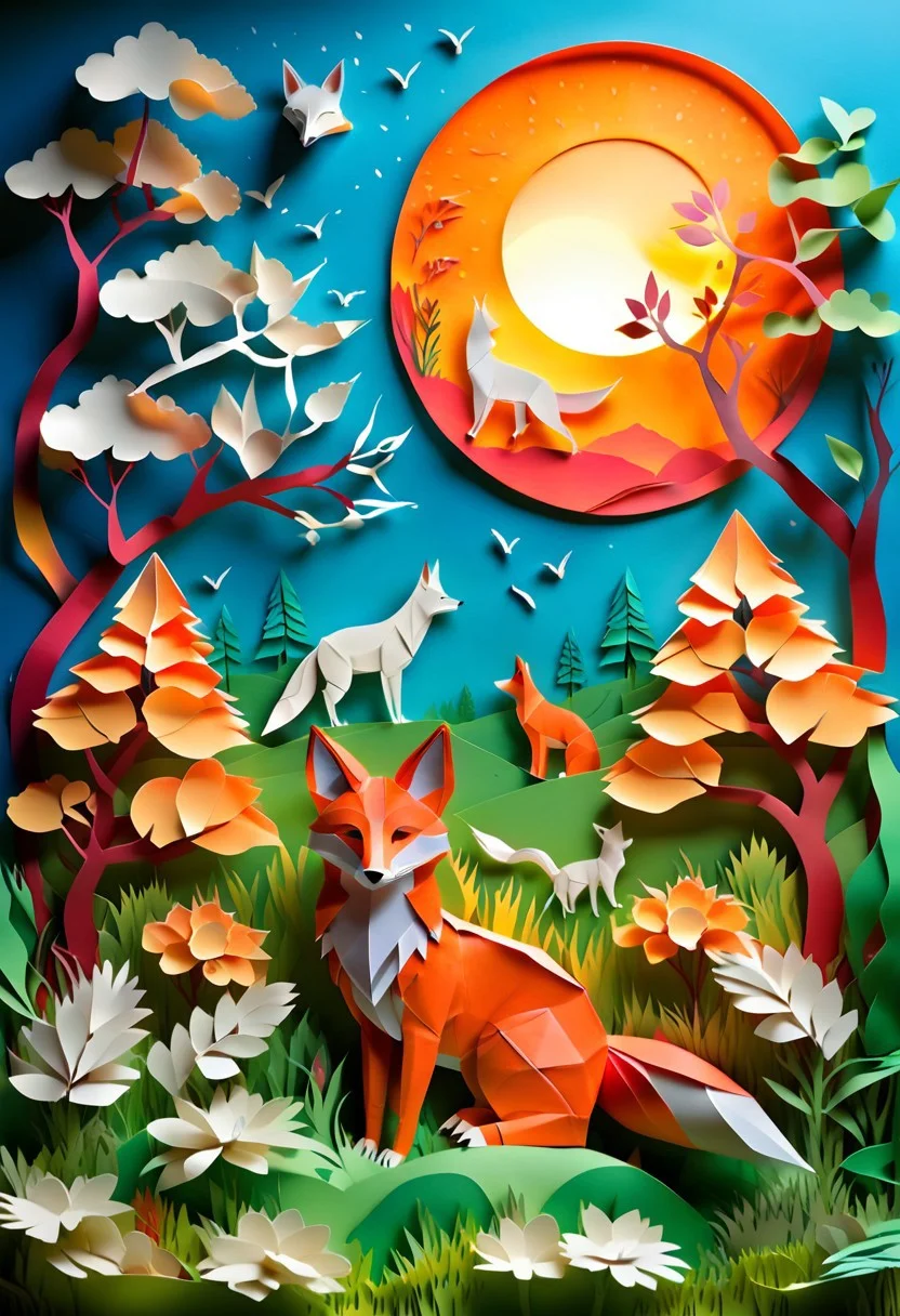 Origami world, a paper fox. on a meadow. trees. a paper sunset in the background, vibrant glow. Viviane color, vivid background, midjourneyv6.1,
paper cuttings art, fantasy animal,