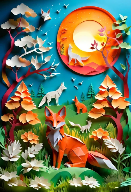 Origami world, a paper fox. on a meadow. trees. a paper sunset in the background, vibrant glow. Viviane color, vivid background, midjourneyv6.1,
paper cuttings art, fantasy animal,
