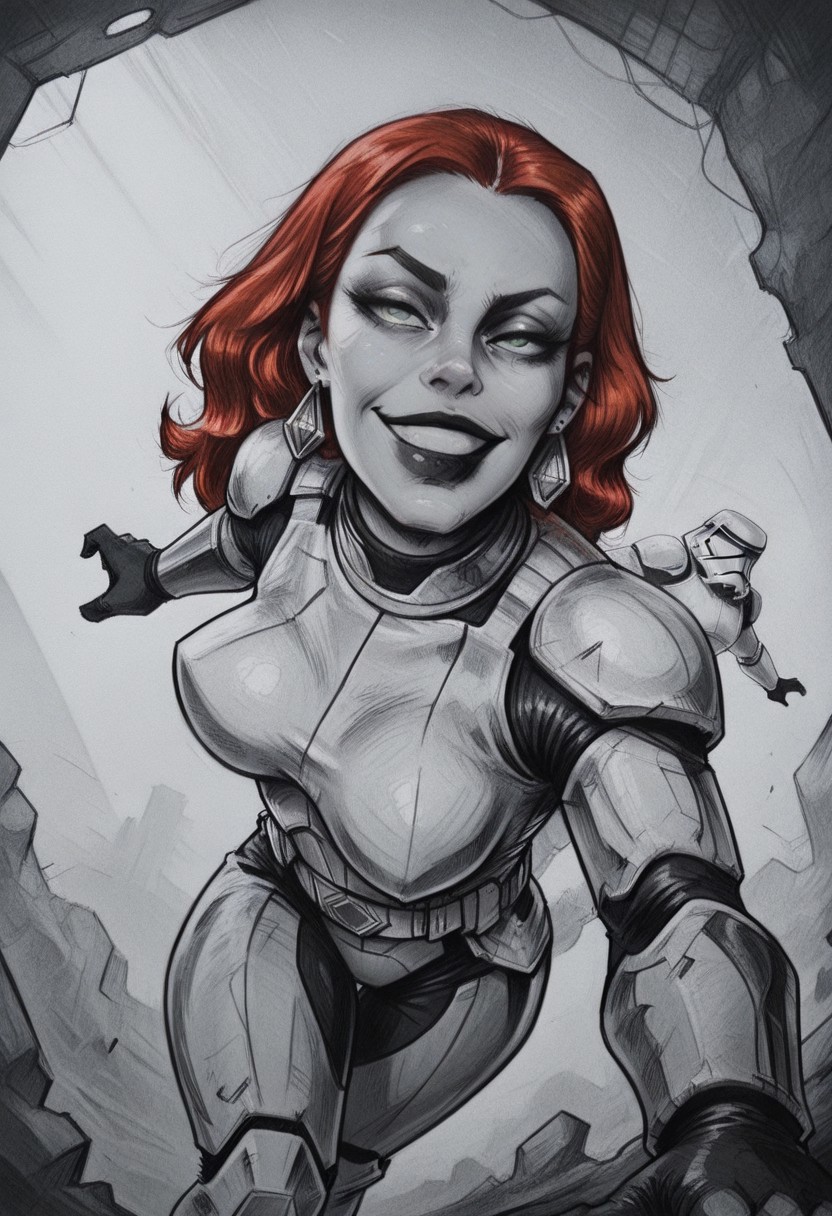 drawing_style, monochrome, greyscale, detailed, masterpiece, best quality, amazing quality, very aesthetic, (source_western), zzbfrgzz, solo, green eyes, red hair, black lips, (large very perky breasts:1.2), earrings, <lora:stormtrooper-illustriousxl-lora-nochekaiser:1>, stormtrooper, armor, bodysuit, power armor, shoulder pads, white armor, smug expression, BREAK, solo, backlighting, deep shadows, depth of field, dynamic pose, dramatic composition, foreshortening, detailed background, dynamic pose, dynamic composition, dutch angle,
