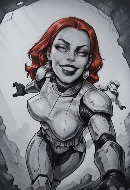 drawing_style, monochrome, greyscale, detailed, masterpiece, best quality, amazing quality, very aesthetic, (source_western), zzbfrgzz, solo, green eyes, red hair, black lips, (large very perky breasts:1.2), earrings, <lora:stormtrooper-illustriousxl-lora-nochekaiser:1>, stormtrooper, armor, bodysuit, power armor, shoulder pads, white armor, smug expression, BREAK, solo, backlighting, deep shadows, depth of field, dynamic pose, dramatic composition, foreshortening, detailed background, dynamic pose, dynamic composition, dutch angle,