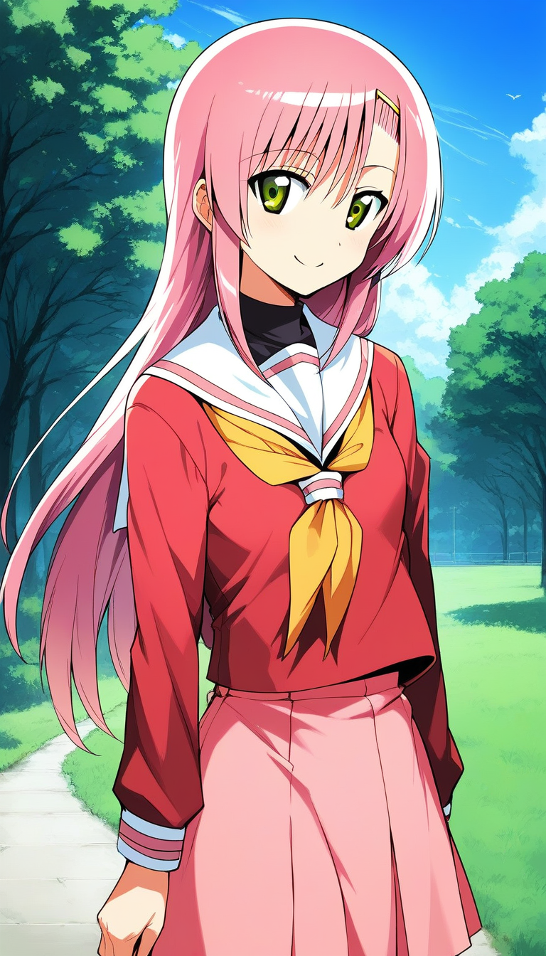 score_9, score_8_up, score_7_up, source_anime, rating_explicit, BREAK  <lora:Katsura_Hinagiku_XL:1>Katsura_Hinagiku, pink hair, long hair, Yellow green eyes, hairclip, small breasts, school uniform, red serafuku, pink skirt,
 1girl, solo, neckerchief, long sleeves, standing, smile,looking at viewer, cowboy_Shot,
blue sky, outdoor, day, grass,
2010s \(style\), anime,
