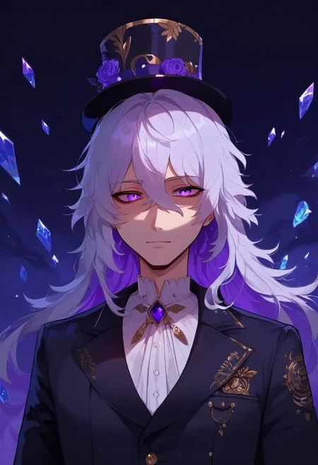 score_9, score_8_up, score_7_up, score_6_up, one anime style, boy, 20 year old, attractive, masterpiece, best quality, long messy hair, white hair, purple tux with top hat, clear purple eyes, high detailed eyes, ice shards, purple glow, neutral expression
