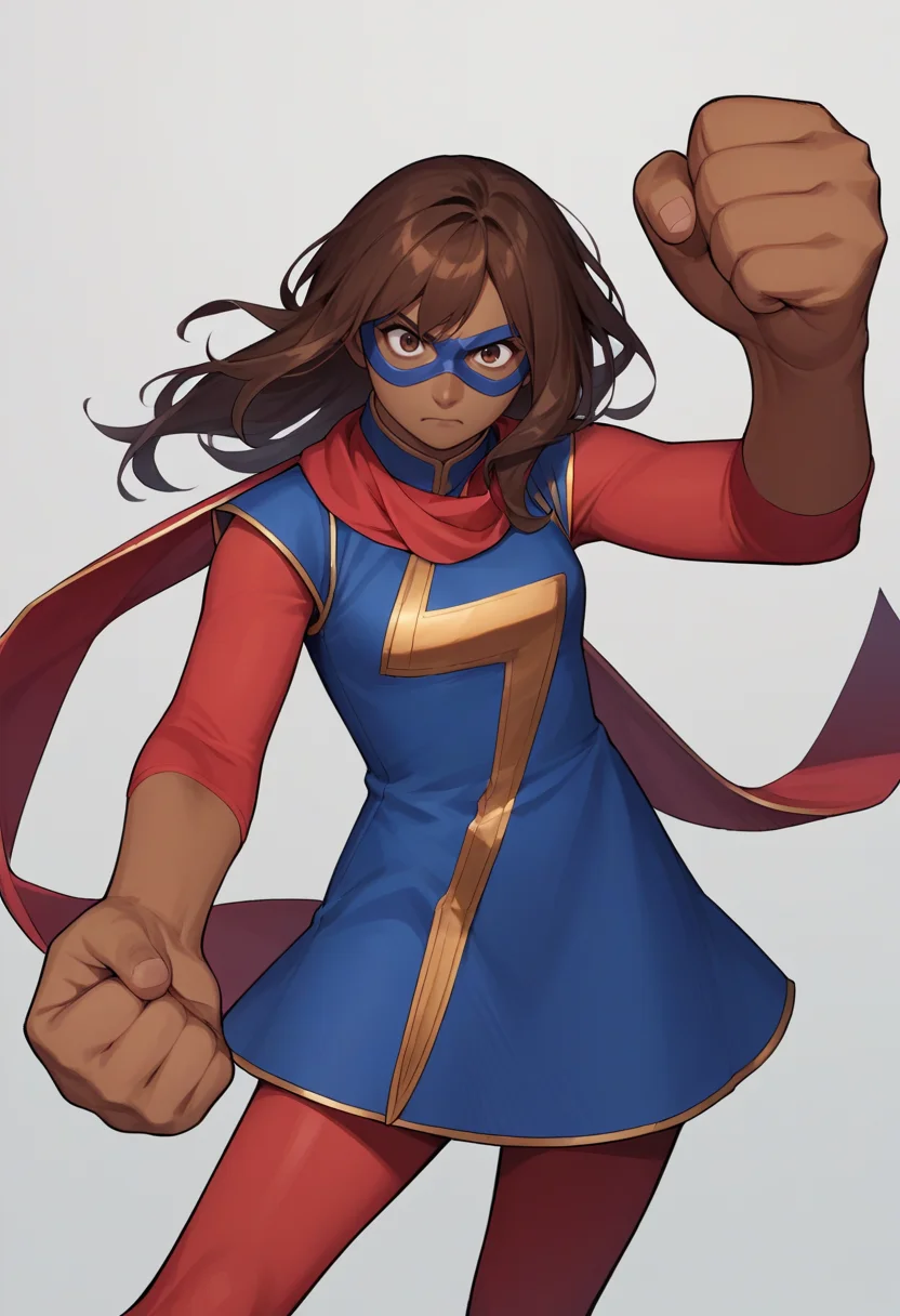 score_9, score_8_up, source_anime,
1girl, kamalakhan, brown hair, long hair, brown eyes, dark skin, mask,
red scarf, blue dress, red pantyhose,
clenched hands, fighting stance, reaching viewer,
solo, closed mouth, looking at viewer, solo, simple background <lora:KamalaKhanXL:1>