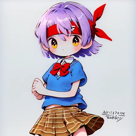 <lora:zukky000-10:1.5> <lora:ayane-v2-ponyxl:0.8> ayane, headband, school uniform, red bow, dark blue sweater vest, light blue shirt, short sleeves, plaid skirt, brown skirt, microskirt