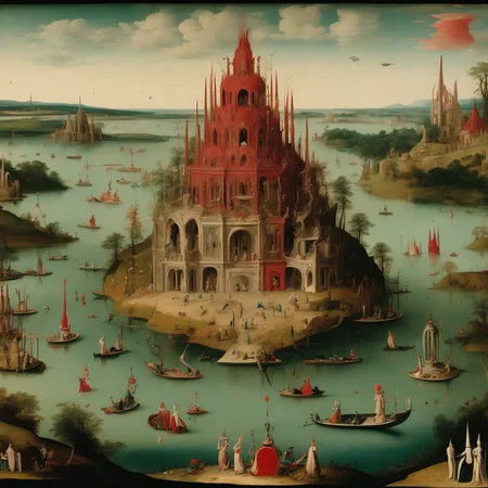 a surreal landscape with a central floating island adorned with various ornate structures, including a tall spire with a red pinnacle. There are human figures interacting with the environment, some on boats and others swimming. The foreground features a body of water with more human figures, some playing and others in a state of relaxation, bosch