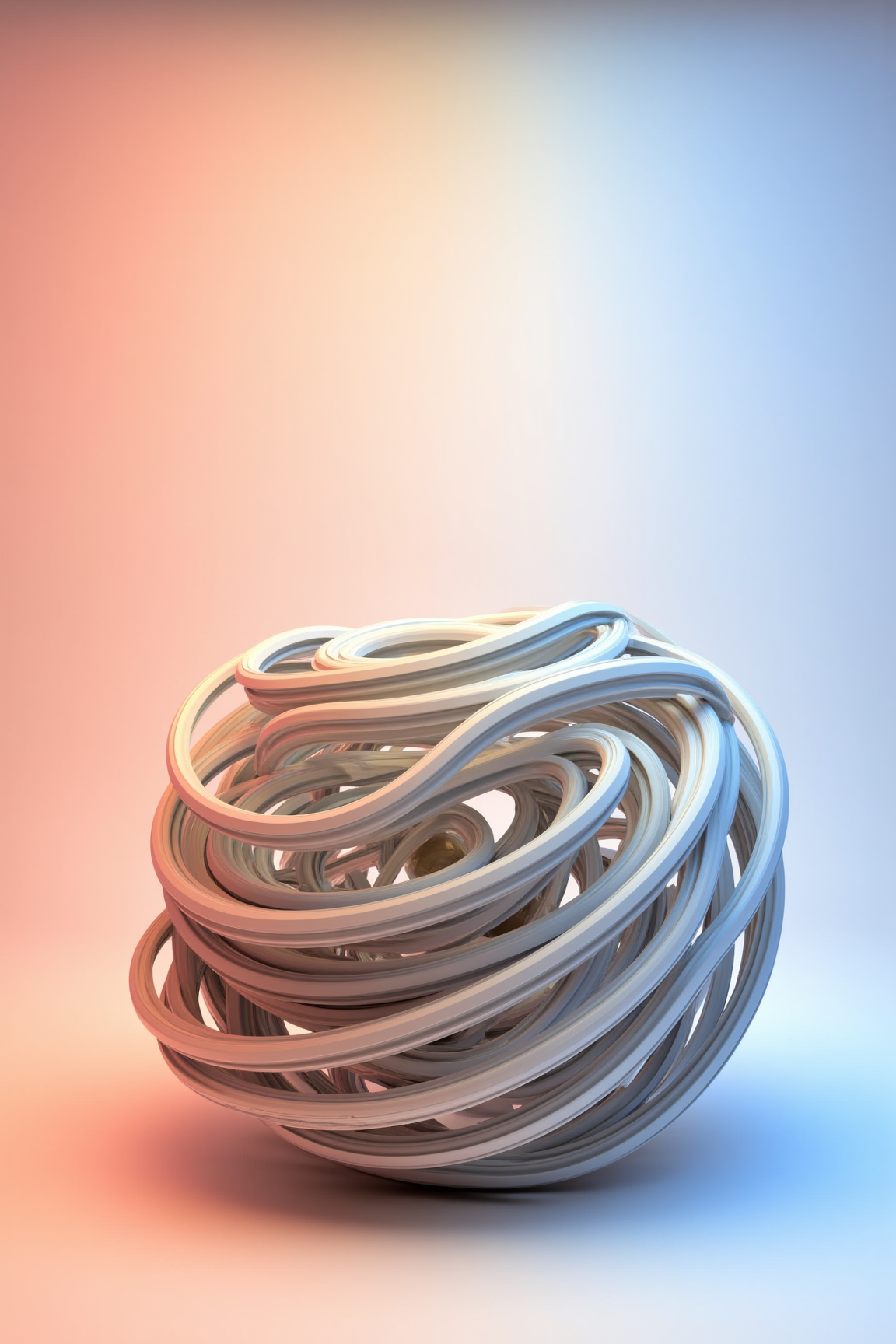 A 3D Rendered abstract of, sharp photo of a 3D rendering of a spherical object that appears to be made up of multiple layers of thin, curved lines. The lines are arranged in a symmetrical pattern, creating a sense of depth and dimension. The object is placed on a light pink and light blue gradient background. The top layer of the object is white, while the bottom layer is a darker shade of pink. The overall color scheme of the image is soft and muted, with the light pink on the left side and the light blue on the right side. The image has a dreamy, ethereal quality to it.