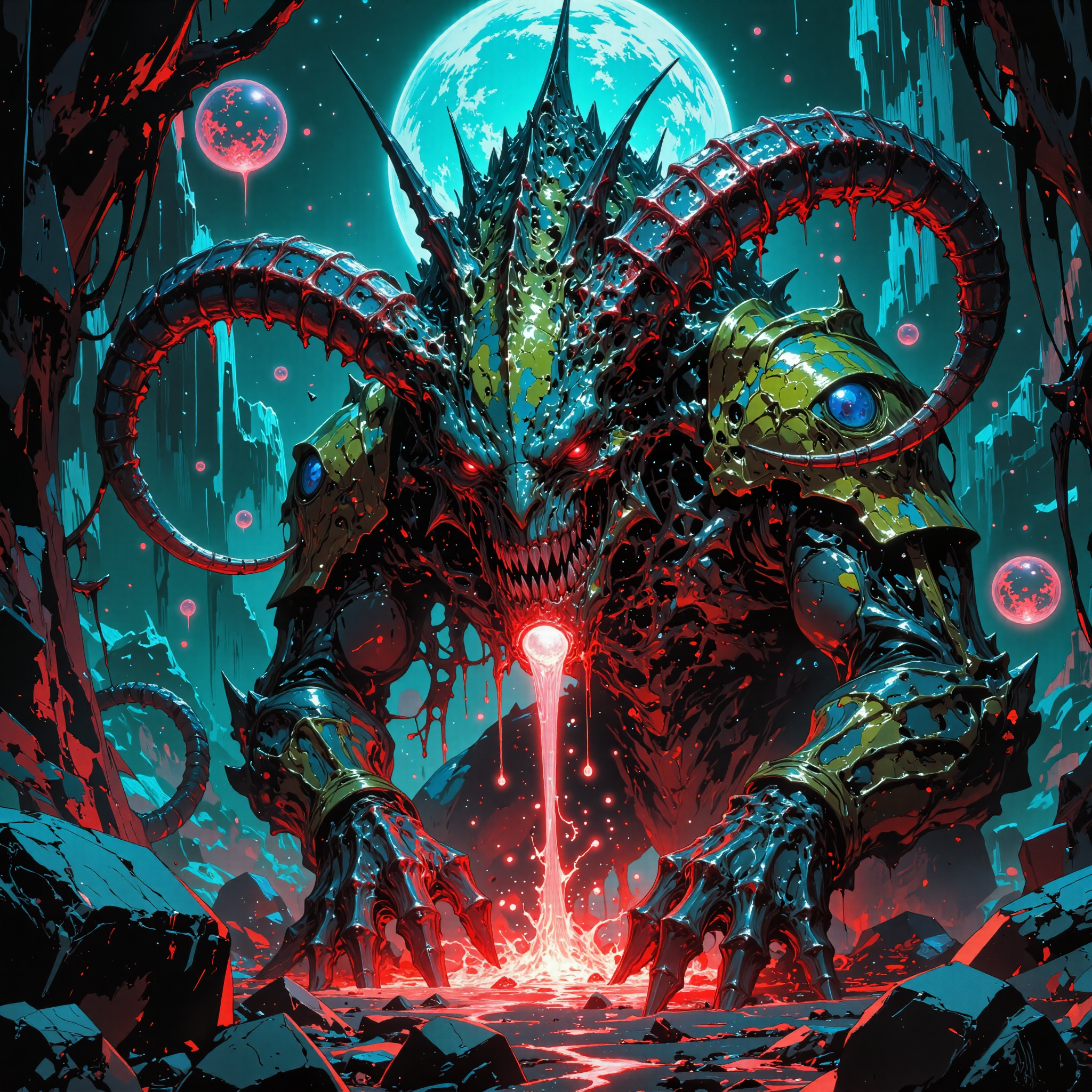 unfathomable and strange scenery on a distant world, famous artwork inspired by dan frazier and wayne england and jason engle, gothic sci-fi style, venturing into the heart of the dense forest planet "zeplar prime," the galactic explorer might encounter the majestic and enigmatic "well-mannered chatterbloom," its iridescent scales make it stand out in its environment, while the enormous horns on its sides pulse hypnotically with monkiflonged energy warning would-be predators of its dangerous poison, creature focus, very aesthetic, extremely detailed, ultra high resolution, 8k, 4k, harmonising colors, navy blue and lime green and jet black and scarlet and indigo purple and light beige, ovg, amanoer, mi2655, an1mel1nes, <lora:style-yoshitaka_amano-elden_ring-flux-by_alicient:0.44> <lora:style-retro_anime-flux-by_lizardman245:0.32> <lora:style-ethereal_dark-midjourney-flux-by_gedogfx:0.48> <lora:style-mythic_fantasy-anime_lines-flux-by_velvets:0.6>