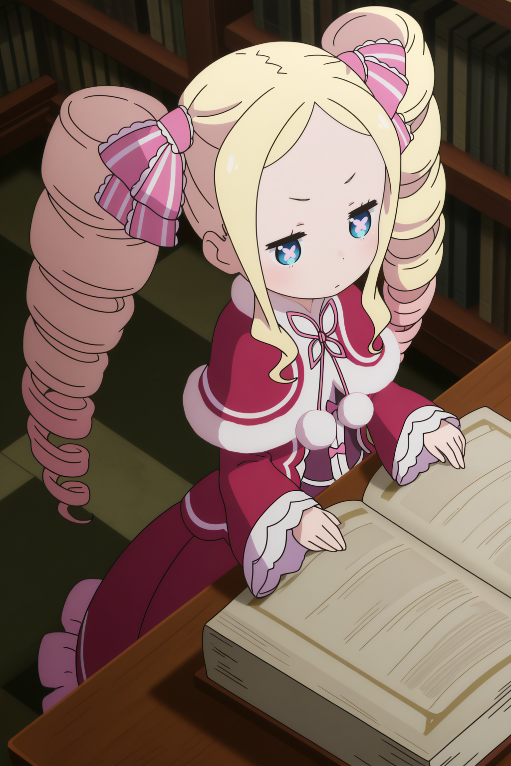 anime coloring, very aesthetic, masterpiece, perfect composition,  beatrice_\(re:zero\), twin drills, depth of field, symbol-shaped pupils, library, from above   <lora:Beatrice-illu:0.8>