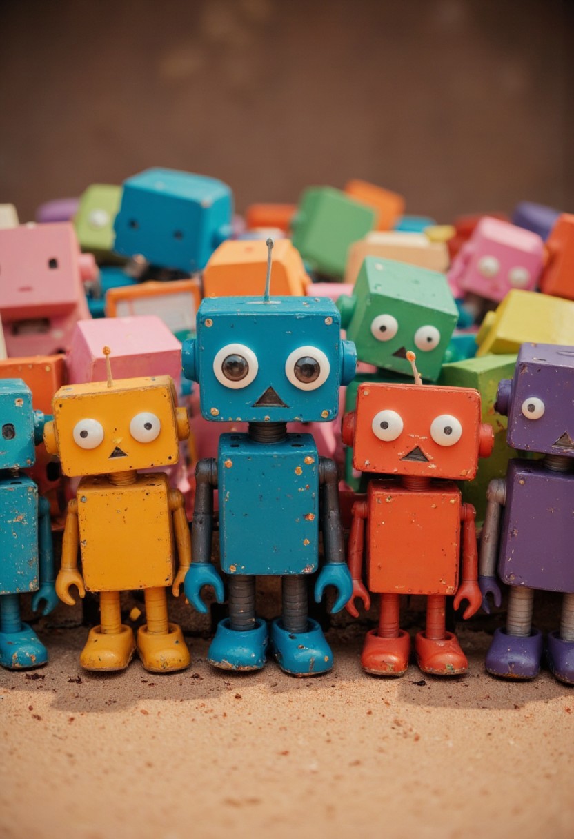 The image is a vibrant, colorful digital illustration featuring a large group of toy robots standing in a row, each robot having a distinct, bright color and simple, stylized design. The robots are arranged in a dense, symmetrical formation, with their heads and bodies facing forward, creating a sense of unity and order. Each robot is made up of multiple, brightly colored segments – a head, torso, and legs – with simple, rounded shapes and exaggerated facial expressions. 
The colors of the robots include shades of blue, green, yellow, pink, orange, purple, and turquoise, creating a visually striking and playful scene. Each robot has a different color, with no two robots having the same color, which adds to the whimsical and diverse appearance. The robots have large, round eyes, small arms, and simple, blocky bodies. Their expressions range from neutral to slightly surprised or curious.
The background features a gradient of muted, earthy tones transitioning from dark brown at the top to a lighter, sandy color at the bottom, which contrasts sharply with the bright, colorful robots. The ground appears to be a rough, textured surface with small, scattered specks, adding depth and interest to the scene.