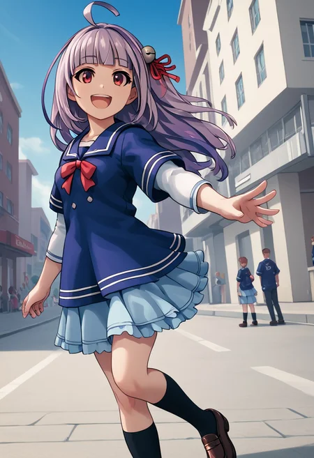 score_4,score_5,score_6,score_7_up,score_8_up,score_9
((masterpiece,best quality,ultra detailed,highres,HD,4k:1.2)),
1girl, solo,long hair,purple hair, multicolored hair,ahoge, blunt bangs, side locks,red eyes, bell hair ornament, hair ribbon, red hair ribbon, school uniform,sailor collar, short over long sleeves,blue shirt,Blue short sleeves, white long sleeves, light blue skirt, frilly skirt, red ribbon on clothes, brown shoes, black socks,
Blue sky, street, city,
smile,open mouth,