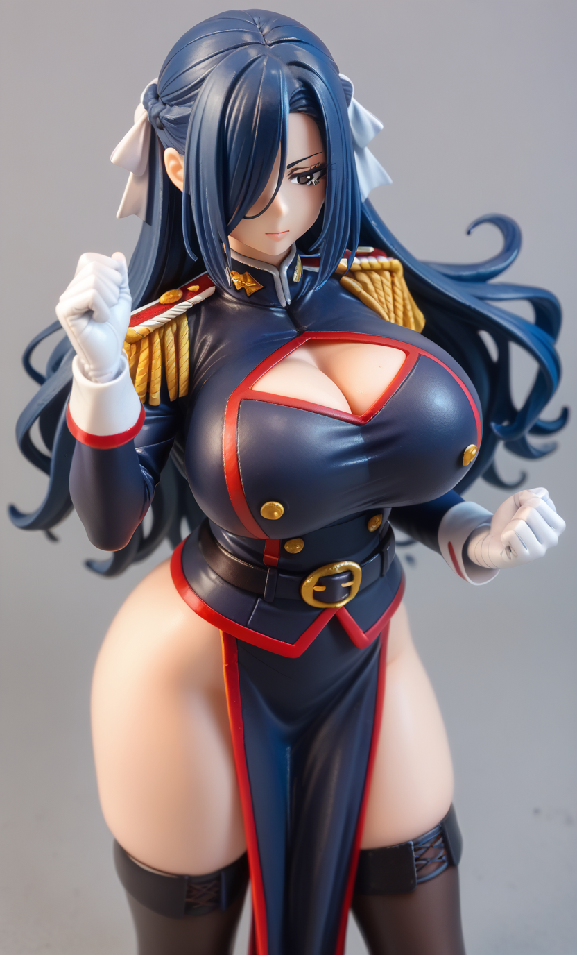 score_9, score_8_up, score_7_up, ASCII score_9, source_anime, 8K, UHD, high detail RAW color art, intricate details, beautiful atmosphere, sharp eyelid, sharp eyelashes, thick eyelashes, long eyelashes, beautiful skin, beautiful face, curvaceous figure, sharp out line, perfect anatomy, perfect hands, detailed embroidery, detailed backgrounds, Visual Representation, (PVC, figure body, phot film, photo filter),
1girl, solo, <lora:æ± é¢¨èå¸:0.8>, azuma fubuki, long hair, black eyes, black hair, blue hair, hair ribbon, braid, hair over one eye, mature female, huge breasts, chest, long sleeves, gloves, thighhighs, ribbon, cleavage, thighs, belt, black thighhighs, white gloves, uniform, clothing cutout, military, black clothes, military uniform, cleavage cutout, pelvic curtain, epaulettes, fighting stance,