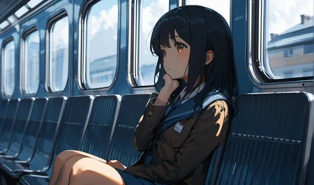 cinematic angle, masterpiece, best quality, solo, 1girl on the train,cute, sitting, school uniform, looking away, black hair, brown eyes, pixiv, depth of field