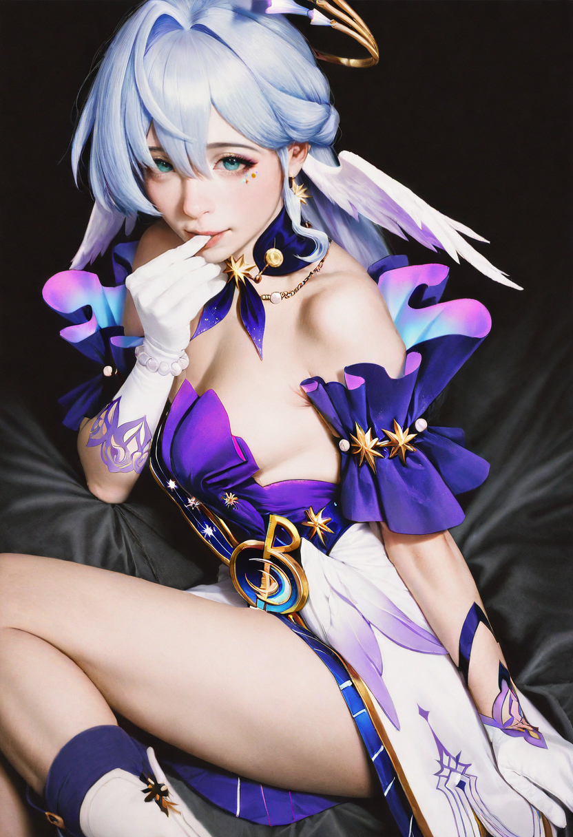 (cosplay photo:1.2),(realistic,photorealistic, photo:1.2),film photography,DSLR,masterpiece,best quality,newest,absurdres,highres,a asian woman,lisp,nose, reclining, lying, finger to mouth, robin \(honkai: star rail\), white knee boots, white skin, looking at viewer, from side, detailed eyes, soft lighting,highly detailed, high contrast, film grain, Rim Lighting,(photography shot with Canon EOS 5D Mark IV:1.2),(skin texture:1.2)black background, simple background
<lora:spo_sdxl_10ep_4k-data_lora_webui:1>, <lora:noobXL-realistic-V1.6:0.9>