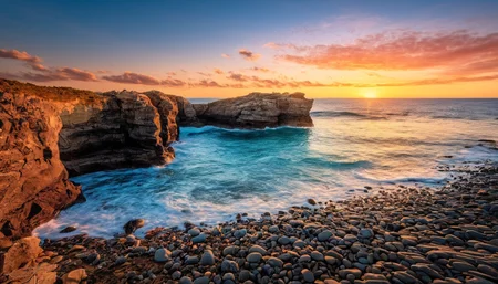 amazing photograph of gorgeous view, award winning, breathtaking, photo of the year, 4k, hyperrealistic, dramatic lighting <lora:Earth35_000010:0.4> <lora:Landscape_Unleashed:0.8>
This image captures a serene coastal scene at sunset. A rocky beach extends along the horizon, with waves crashing against the shoreline. The sky transitions from warm hues near the horizon to cooler tones towards the top of the image.