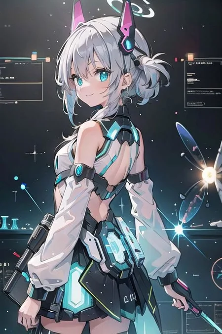 (masterpiece), (science fiction:1.4), 1girl, her back turned, smile, silver hair, aqua eyes, headgear, long sleeves, detached sleeves, glowing energy clothing, light particles