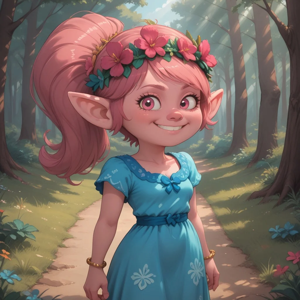 score_9, score_8, BREAK, solo, Poppy_(\Trolls\), pink skin, pink hair, pink nose, ponytail, pink eyes, pointy ears, bracelet, hair flower, head wreath, cyan dress, barefoot, sexy pose, self portrait, smile, outdoors, sunlight, shadows, evening lighting, natural lighting, forest, trees, grass, orange sky, sunset