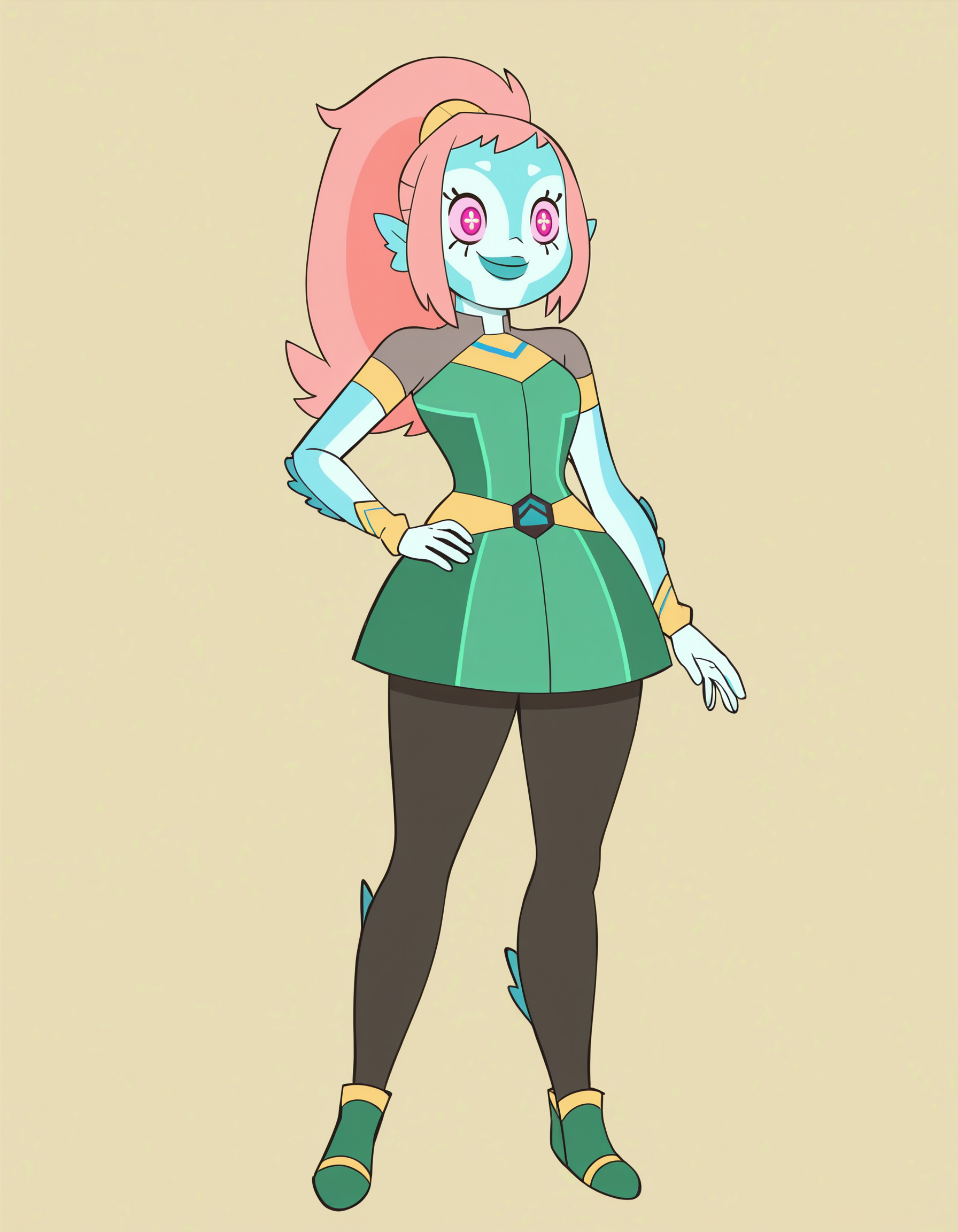 akila, 1girl, alien, blue skin, pink hair, colored skin, ponytail, long hair, pink eyes, head fins,+ +, solo, smile, symbol-shaped pupils, breasts,dress,short sleeves, pantyhose,simple background, looking at viewer,standing,hand on own hip, full body,   <lora:AkilaIllustrious1.0JLFO:1>