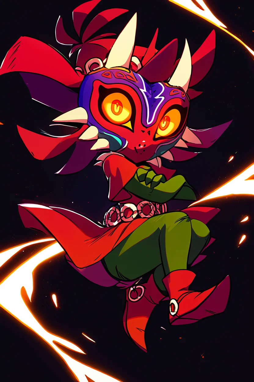 score_9, score_8_up, score_8,   BREAK, , zzMajora, spikes, yellow sclera, 1boy, mask, horns, glowing eyes, floating, looking at viewer, full body, male focus, boots, crossed arms, crossed legs, black background, red footwear,  <lora:MajoraZelda_PDXL:0.8>,, BREAK, smile, looking at viewer, cowboy shot, ,,, embedding:zPDXL, <lora:DiivesP1:0.8>,