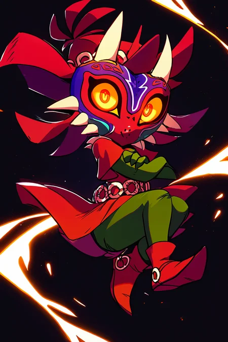 score_9, score_8_up, score_8, BREAK, , zzMajora, spikes, yellow sclera, 1boy, mask, horns, glowing eyes, floating, looking at viewer, full body, male focus, boots, crossed arms, crossed legs, black background, red footwear, <lora:MajoraZelda_PDXL:0.8>,, BREAK, smile, looking at viewer, cowboy shot, ,,, embedding:zPDXL, <lora:DiivesP1:0.8>,