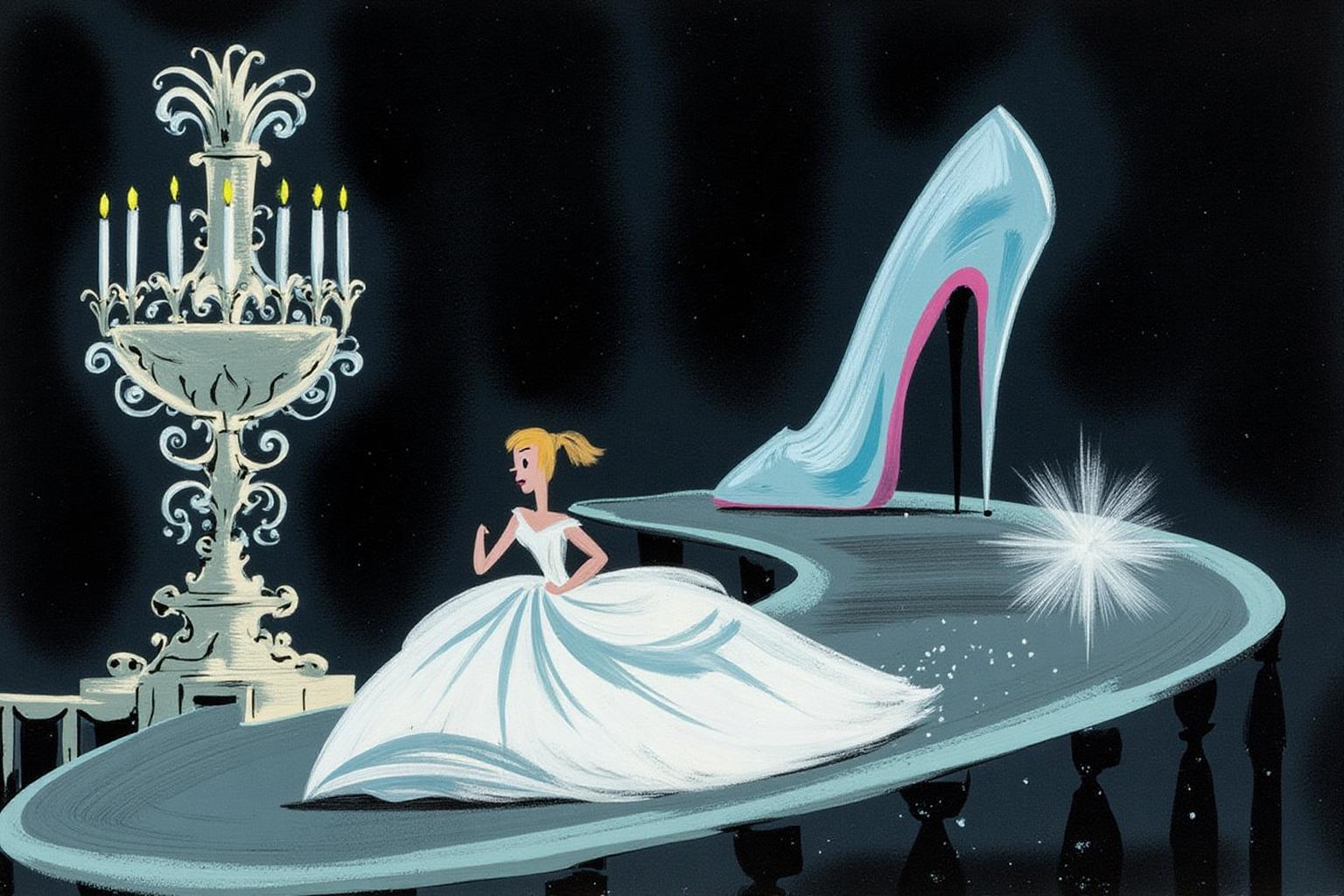 maryblair1 illustration.
A young blonde woman in a white ball gown is running away on a grand staircase near a large ornate candelabra with multiple arms holding lit candles. A glowing glass stiletto heel shoe is on the staircase behind her. <lora:maryblair2_cap_d8a4:1.0><lora:846202243716774839:0>