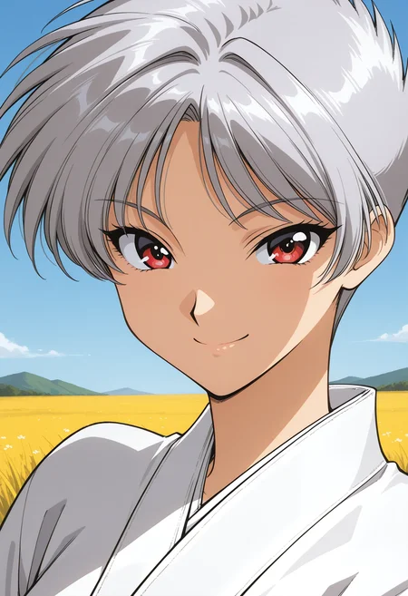 houjyou_torami, red eyes, grey hair, short hair, dougi, karate wear, <lora:asuka120_houjyou_torami_illustrious_ver1:0.8>
smile,, masterpiece, best quality, general,, 1girl, solo, (field:1.2), (blue sky:1.2), looking at viewer,, (upper body:1.2), (close-up:1.2), (facing viewer:1.2), (open eyes:1.4), (portrait:1.2)