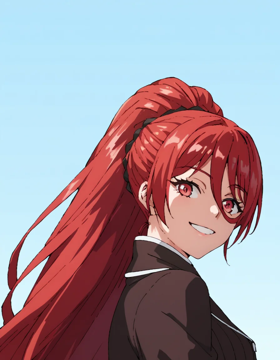 score_9, score_8_up, score_7_up, score_6_up, score_5_up, score_4_up, source_anime, Maya, long hair, red hair, high ponytail, red eyes, portrait, smile