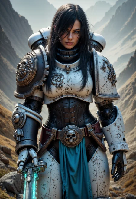 WhiteS40K, female space marine wearing a power armor, her long hair is black, she's holding a glowing sword, <lora:FluxWhiteS40K:1> <lora:aidmaHyperrealism:0.5> aidmaHyperrealism