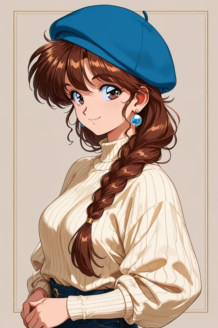 1girl,solo,brown hair,jewelry,earrings,hat,sweater,upper body,smile,long hair,braid,blue headwear,looking at viewer,long sleeves,beret,retro artstyle,ribbed sweater,
<lora:hrn_yc_illustriousXL:0.8>,