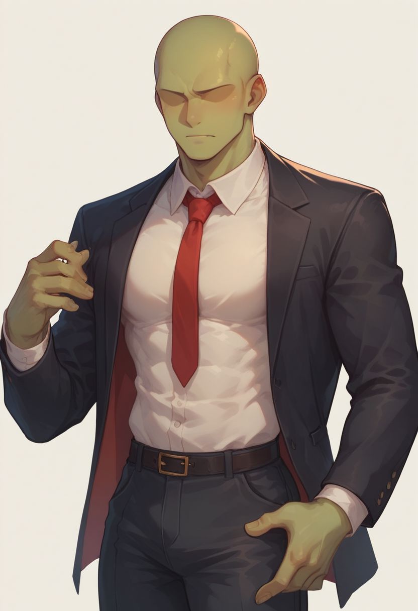 score_9, score_8_up, score_8,
1boy, solo, green skin, no eyes, no eyebrows, bald, black business suit, white under shirt, red tie, black suit pants, average body, cowboy shot, white background