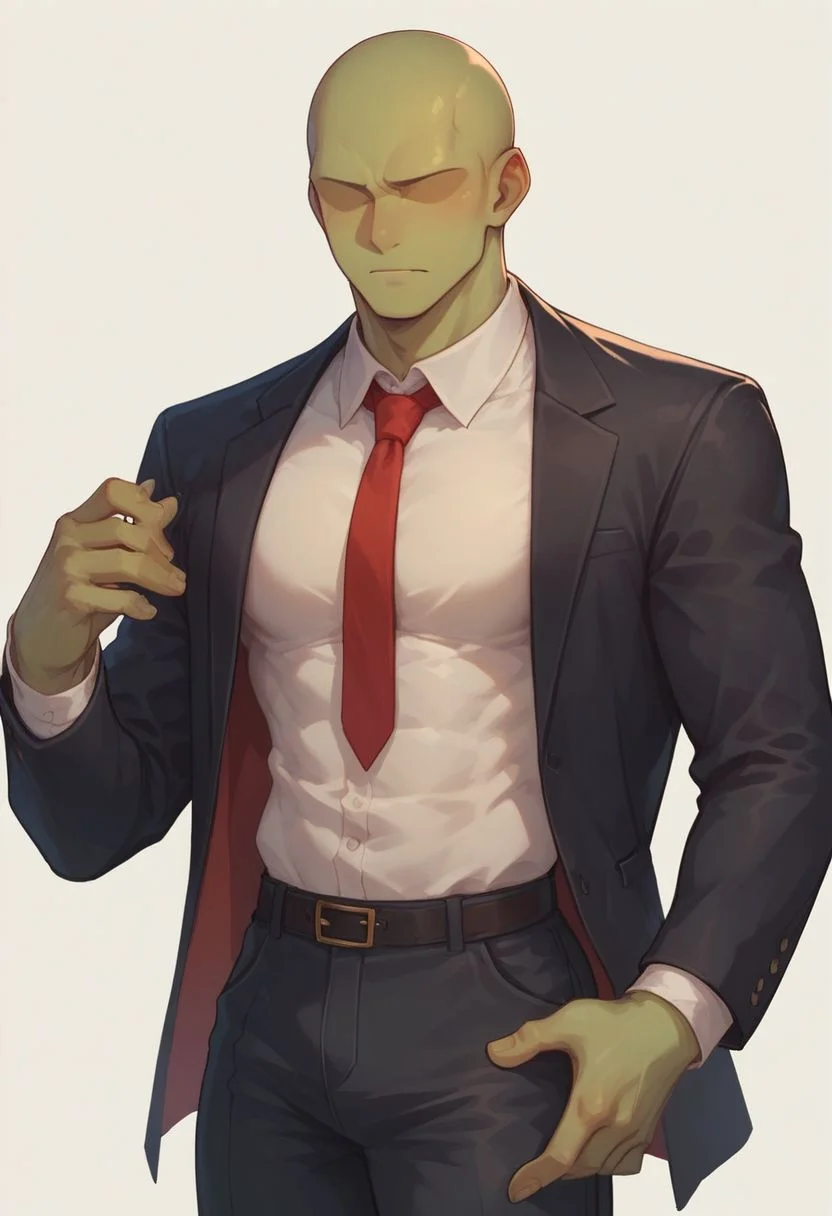 score_9, score_8_up, score_8,
1boy, solo, green skin, no eyes, no eyebrows, bald, black business suit, white under shirt, red tie, black suit pants, average body, cowboy shot, white background