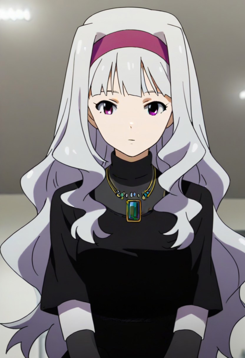 source_anime, uncensored, nsfw, <lora:Takane_Shijou_The_iDOLMSTER_2011_anime_art_style:.8>1girl, solo, grey hair, long hair, purple eyes, breasts, Takane black dress with green brooch outfit , purple hairband, jewelry, necklace, pendant, dress,