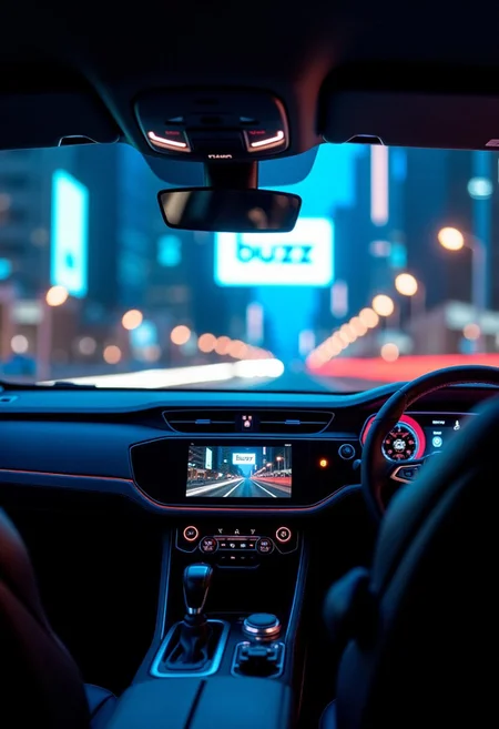 Viewer inside a car, outside arexa futuristic city background at night with screens and neon lights, in a focused big screen in a big building are written the words buzz please