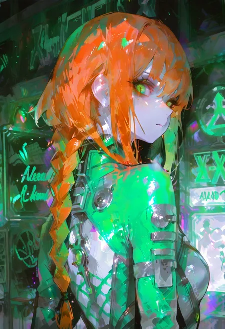 masterpiece, best quality, good quality, very aesthetic, absurdres, newest, english text, text focus, text, neon sign, glow, DO ANDROIDS DREAM OF BUZZ? (text), a dramatic extreme close-up of a woman's eyes, intense, looking back over her shoulder, emotional atmosphere, beautiful surprised woman, looking at viewer, (alert), (((pale skin))), orange hair, freckles, long braided hair, big green eyes, glowing green eyes, blacklight, (((skin-tight jumpsuit))), ((cybernetics)), ((fishnet clothing)), limited palette, colorful bokeh, blurred background, 748cmstyle, usnr