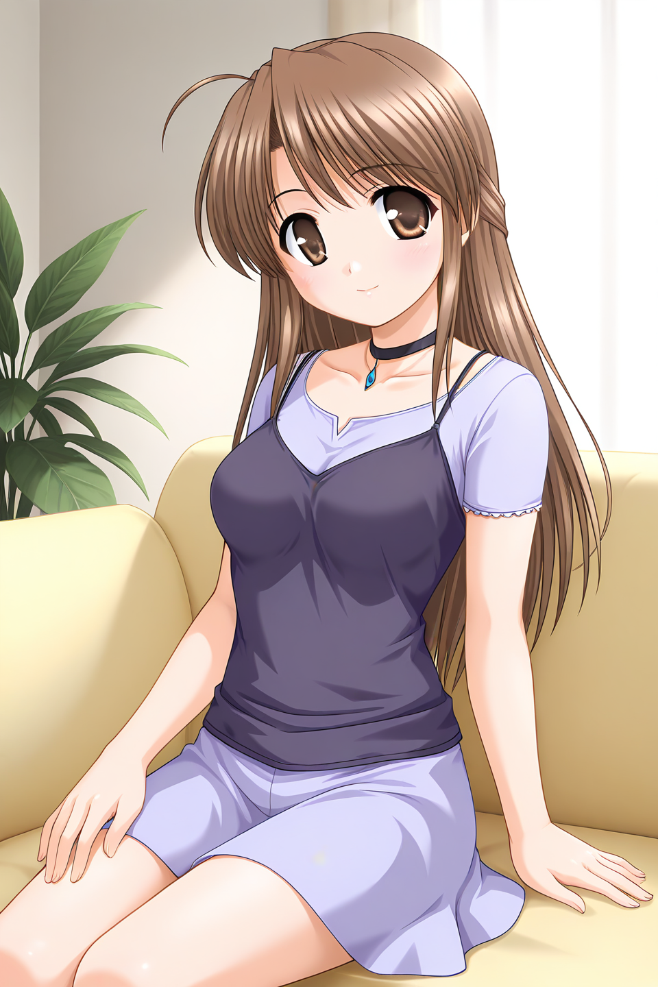 masterpiece, best quality, absurdres, official art, official style, rating general BREAK <lora:fujiedahonami_IL_v1-5:0.7>, fujieda honami, 1girl, solo, brown eyes, yellow eyes, brown hair, grey hair, ahoge, bangs, very long hair, half updo, medium breasts BREAK casual, black choker, necklace, collarbone, spaghetti strap, dark purple camisole, camisole over clothes, light purple dress, short dress, short sleeves, light purple skirt, miniskirt, looking at viewer, blush, closed mouth, light smile, dynamic pose, sitting, on couch, indoors, relaxing, leaning on couch