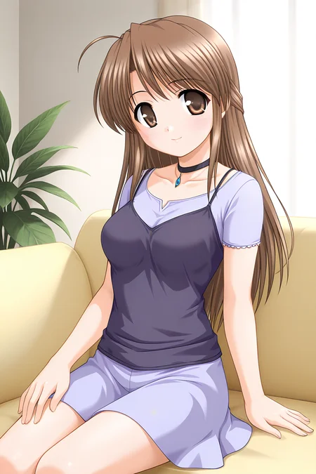 masterpiece, best quality, absurdres, official art, official style, rating general BREAK <lora:fujiedahonami_IL_v1-5:0.7>, fujieda honami, 1girl, solo, brown eyes, yellow eyes, brown hair, grey hair, ahoge, bangs, very long hair, half updo, medium breasts BREAK casual, black choker, necklace, collarbone, spaghetti strap, dark purple camisole, camisole over clothes, light purple dress, short dress, short sleeves, light purple skirt, miniskirt, looking at viewer, blush, closed mouth, light smile, dynamic pose, sitting, on couch, indoors, relaxing, leaning on couch