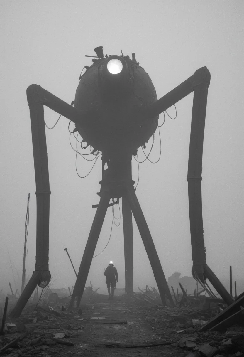 monochrome, black and white photo, old photo,blurry, low quality, old photo defects, world war 1, steam punk technology, automatons, battlefield, destroyed city,rubble, collapsed buildings, fires, artillery, Thick fog, strange shaped robots moving in the distance,massive machines in far distance,massive robots with 3 long legs , bodies,no arms, antenna, wires, consistent design,three lights ,cylindrical object protruding from the body with 3 lights on its front, looking at viewer, scary, only silhouettes, damaged robots, trench warfare, no mans land, small humans, large robots, art style of simon stalenhag