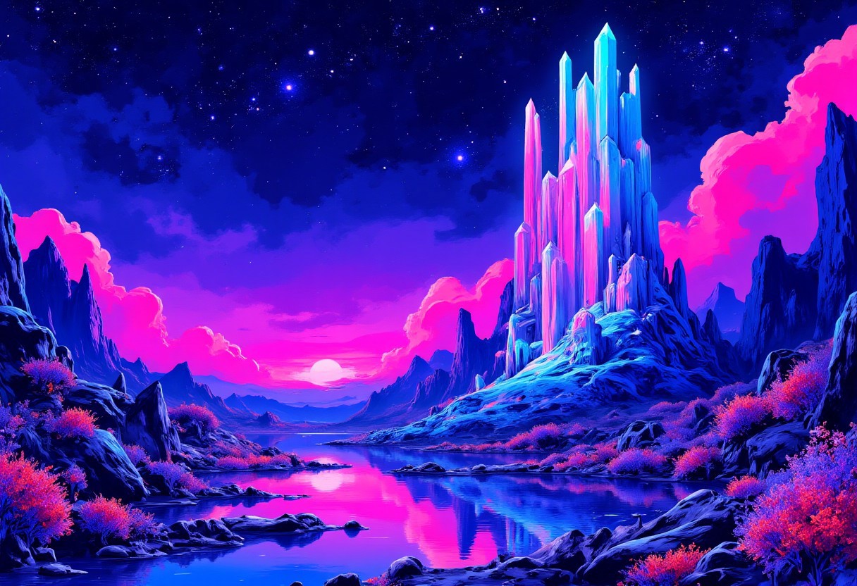 high contrast neon anime style. In the depths of a nocturnal digitalized alien landscape, vibrant neon hues cast an otherworldly glow over the surreal terrain. The main subject of the painting is a towering crystalline structure, refracting light in mesmerizing patterns. This watercolor painting captures the essence of an unknown world, where shimmering lakes reflect clusters of iridescent flora and ethereal creatures dart through the air. Each brushstroke is meticulously placed, creating a sense of depth and texture that transports the viewer into this fantastical realm. This high-quality image is a masterpiece of imagination and skill, blending digital elements with traditional art techniques to create a truly immersive experience.