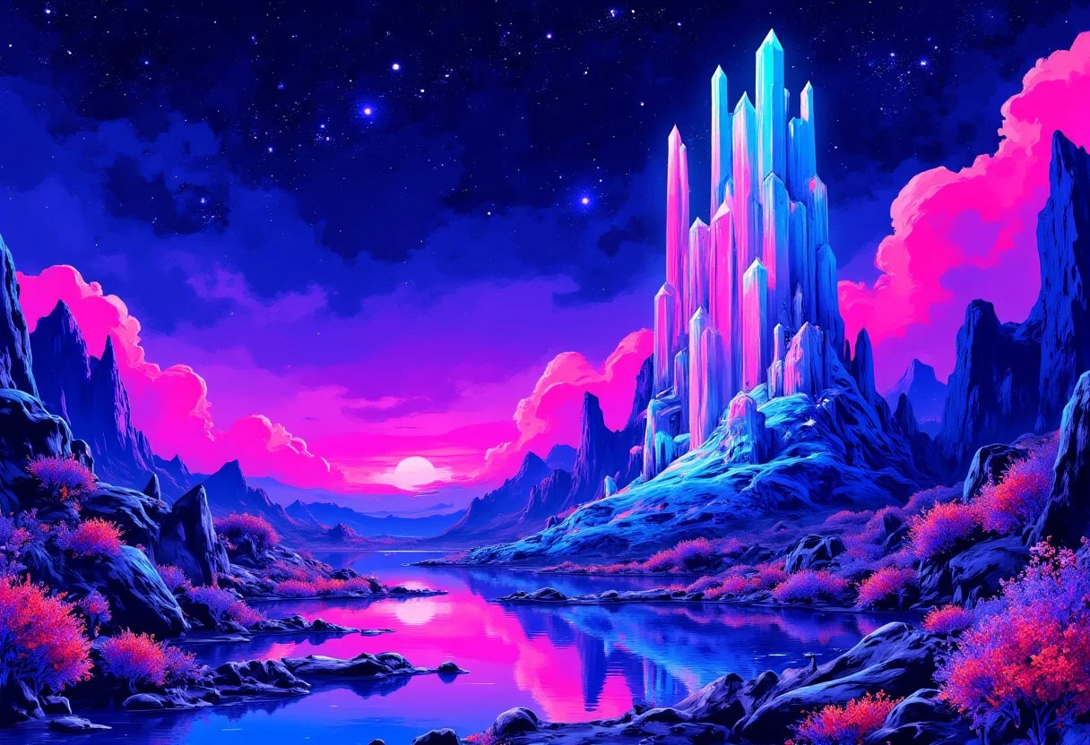 high contrast neon anime style. In the depths of a nocturnal digitalized alien landscape, vibrant neon hues cast an otherworldly glow over the surreal terrain. The main subject of the painting is a towering crystalline structure, refracting light in mesmerizing patterns. This watercolor painting captures the essence of an unknown world, where shimmering lakes reflect clusters of iridescent flora and ethereal creatures dart through the air. Each brushstroke is meticulously placed, creating a sense of depth and texture that transports the viewer into this fantastical realm. This high-quality image is a masterpiece of imagination and skill, blending digital elements with traditional art techniques to create a truly immersive experience.