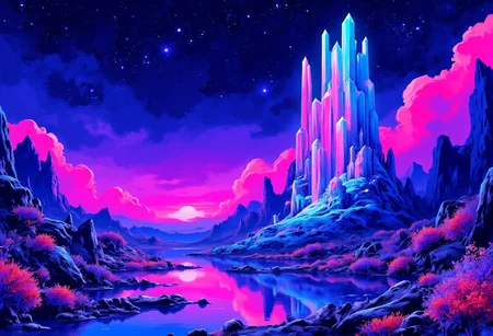 high contrast neon anime style. In the depths of a nocturnal digitalized alien landscape, vibrant neon hues cast an otherworldly glow over the surreal terrain. The main subject of the painting is a towering crystalline structure, refracting light in mesmerizing patterns. This watercolor painting captures the essence of an unknown world, where shimmering lakes reflect clusters of iridescent flora and ethereal creatures dart through the air. Each brushstroke is meticulously placed, creating a sense of depth and texture that transports the viewer into this fantastical realm. This high-quality image is a masterpiece of imagination and skill, blending digital elements with traditional art techniques to create a truly immersive experience.